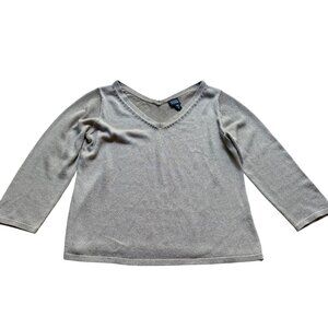 Eileen Fisher Size M Beige Italian Yarn Knit 3/4 Sleeve V-Neck Sweater Top